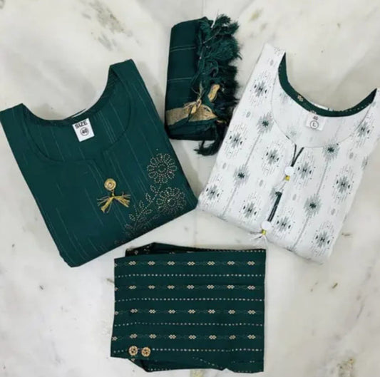 combo of green and white printed cotton kurtha set for women with duppata