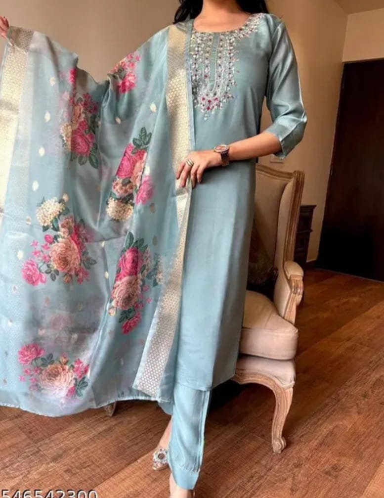 full stitched kurti set with dupatta and pajama. women embroidered straight kurta