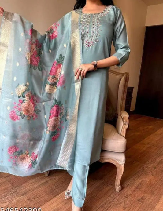 full stitched kurti set with dupatta and pajama. women embroidered straight kurta
