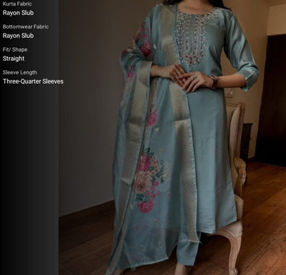 full stitched kurti set with dupatta and pajama. women embroidered straight kurta