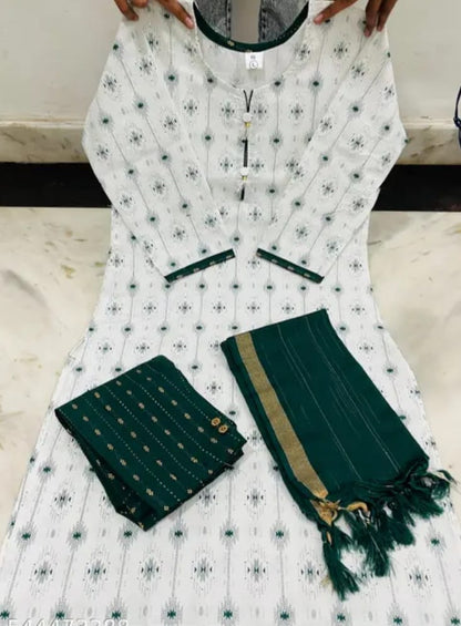 combo of green and white printed cotton kurtha set for women with duppata