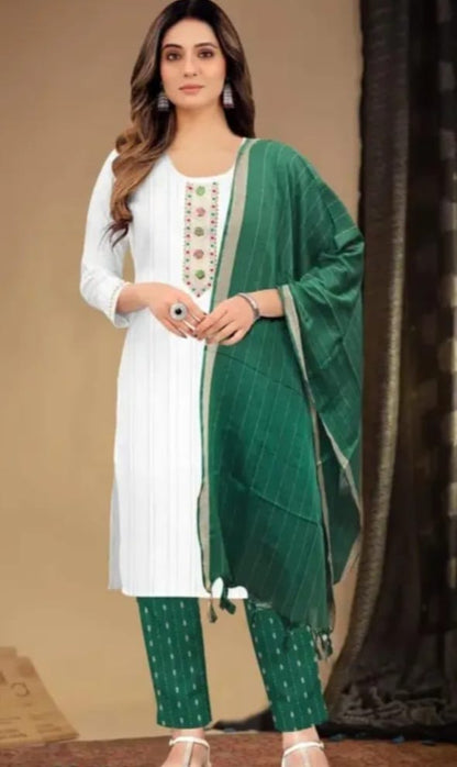 khadi cotton kurti trouser with duppata set womens cotton straight block pant set.
